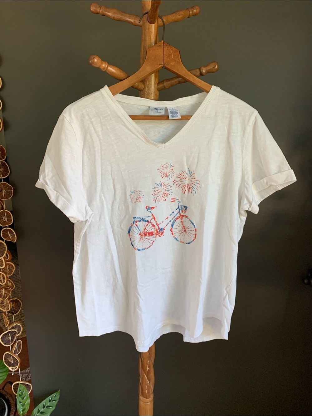 Caribbean Joe White V-Neck Tee with Red & Blue Bicycle Graphic